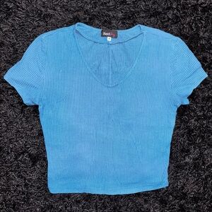 Red Women's Blue Ribbed V-Neck Tee